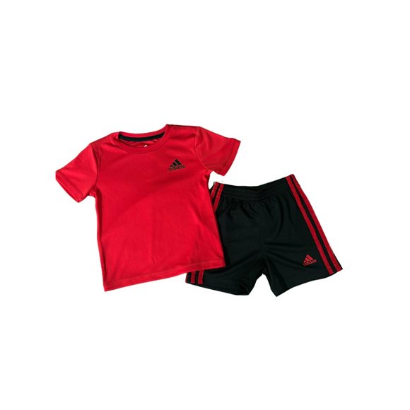 Red Adidas Boys Trefoil Shorts and Tee Shorts Leaves Set - Picture 2 of 3